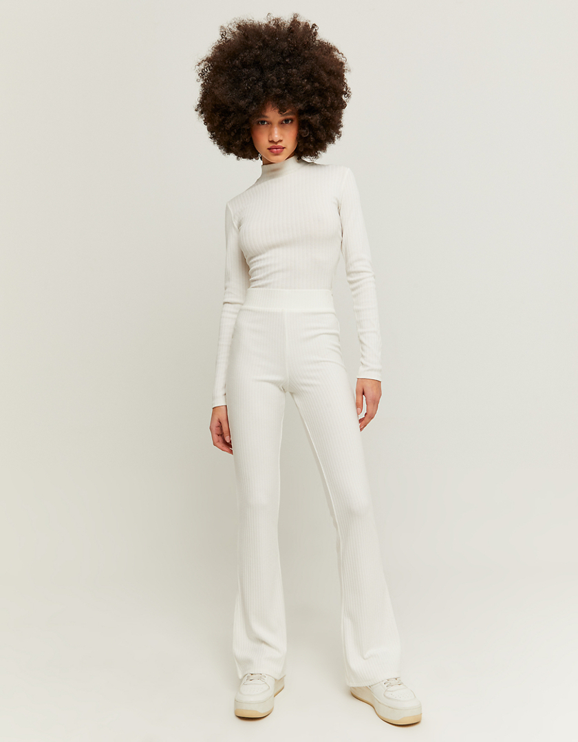 TALLY WEiJL, White Cozy Ribbed Flare Trousers for Women