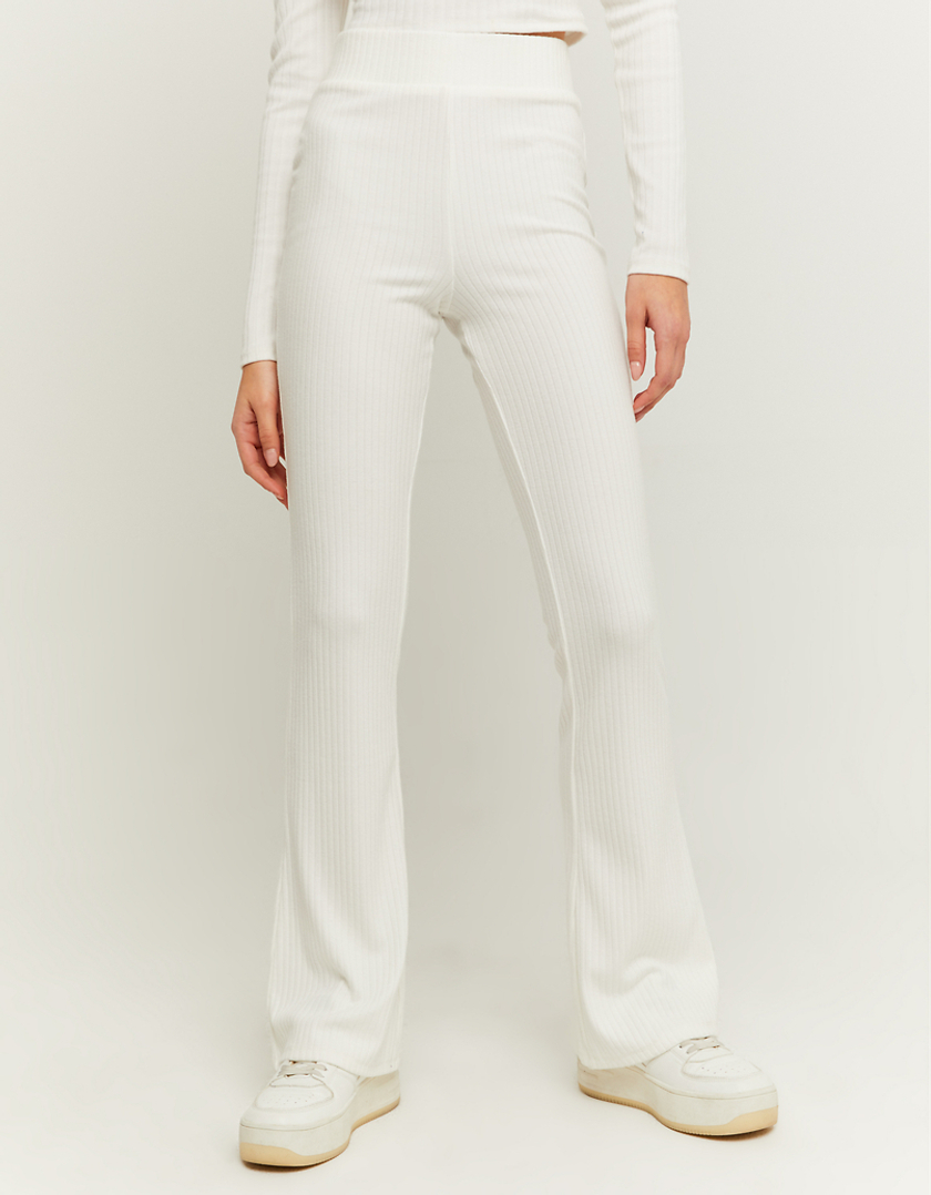 TALLY WEiJL, White Cozy Ribbed Flare Trousers for Women