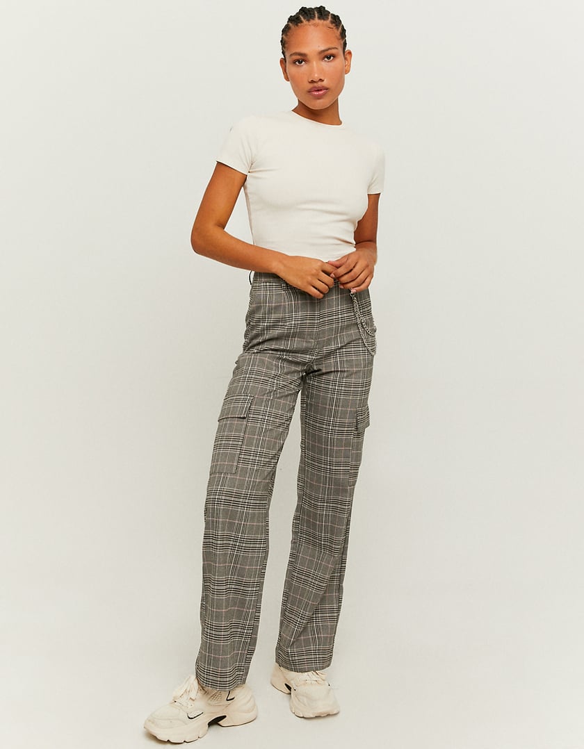 Checked High Waist Cargo Trousers