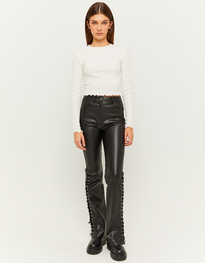 ZARA Woman TROUSERS, FAUX LEATHER FLARED TROUSERS Black