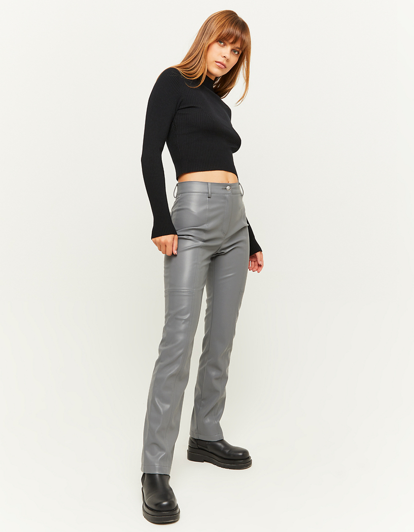 Grey Faux Leather Straight Leg Trousers