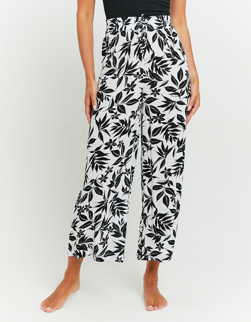 TALLY WEiJL, White Floral Wide Leg Trousers with Elastic Waist for Women