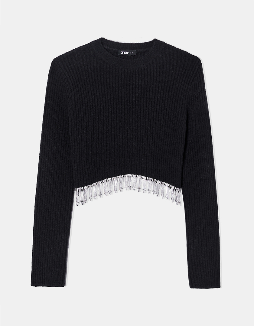 TALLY WEiJL, Black Cropped Jumper with Waterfall Strass for Women