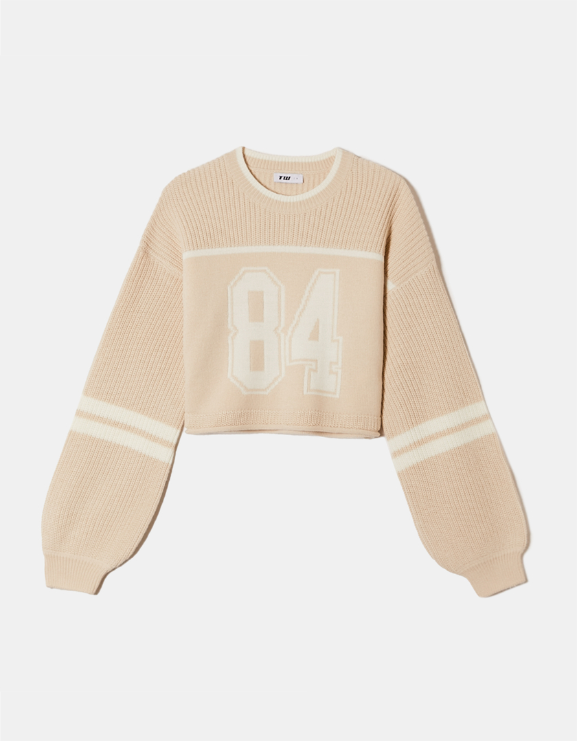 TALLY WEiJL, Varsity Style Beige Jumper with Front Number for Women