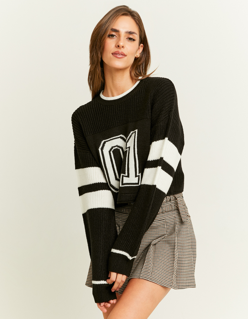 TALLY WEiJL, Varsity Style Black Jumper with Front Number for Women