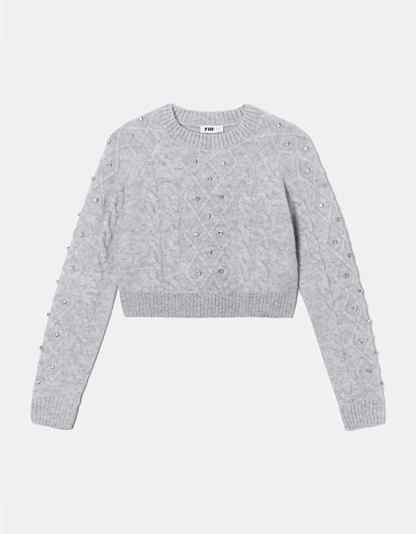 TALLY WEiJL, Grauer Zopfstrick-Pullover mit Strass for Women