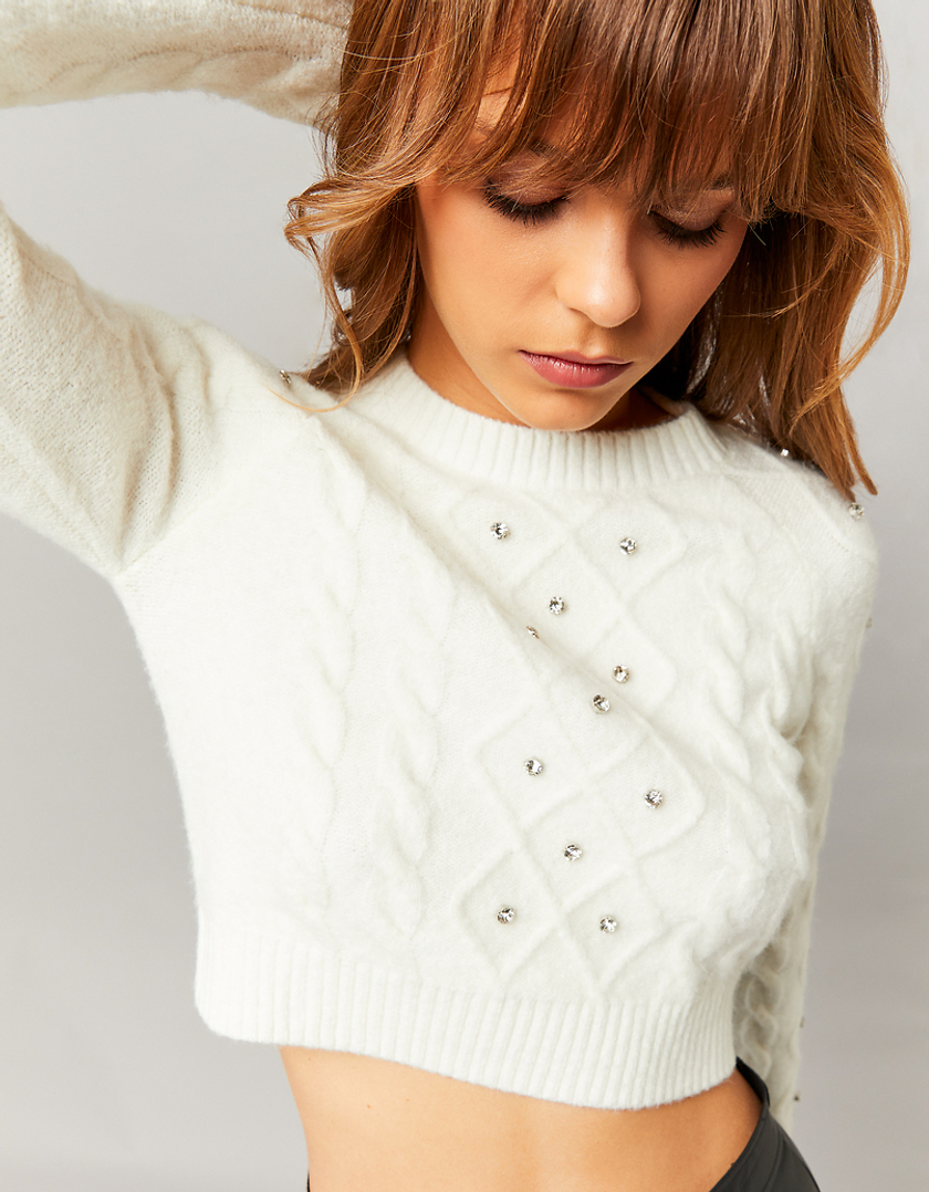 TALLY WEiJL, Weißer Zopfstrick-Pullover mit Strass for Women