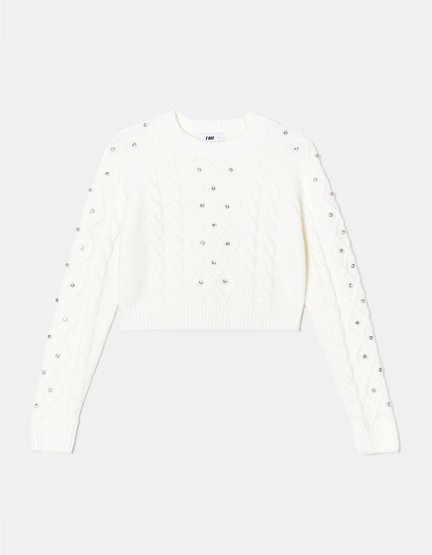 TALLY WEiJL, Pull en maille torsadée blanc avec strass for Women