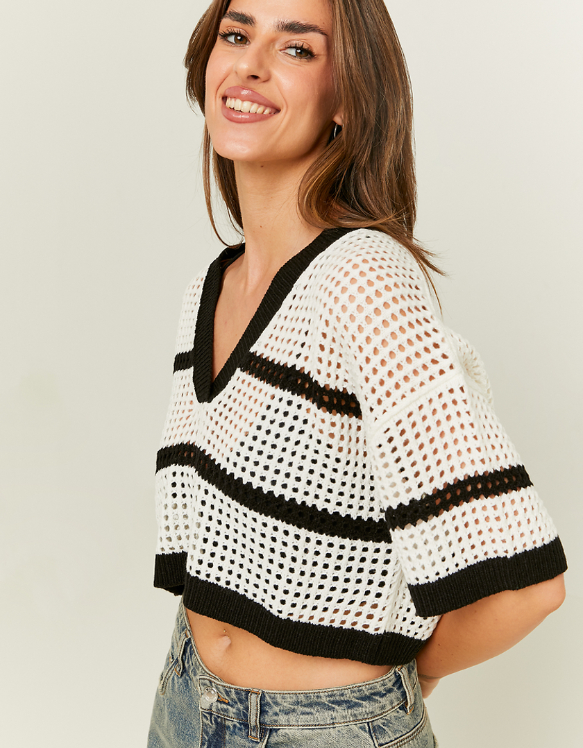 TALLY WEiJL, White with Black Stripes Crochet Pullover for Women