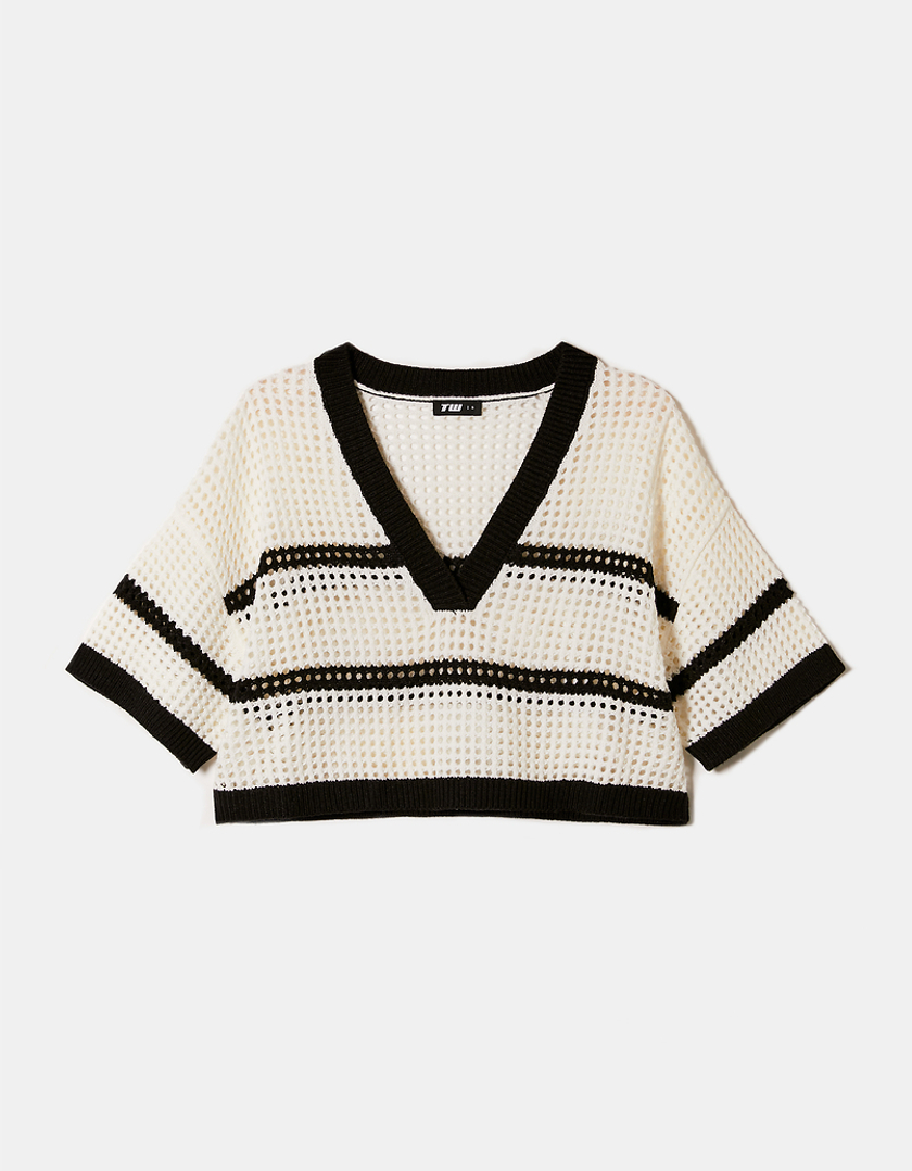 TALLY WEiJL, Pull en Crochet Blanc avec Rayures Noires for Women