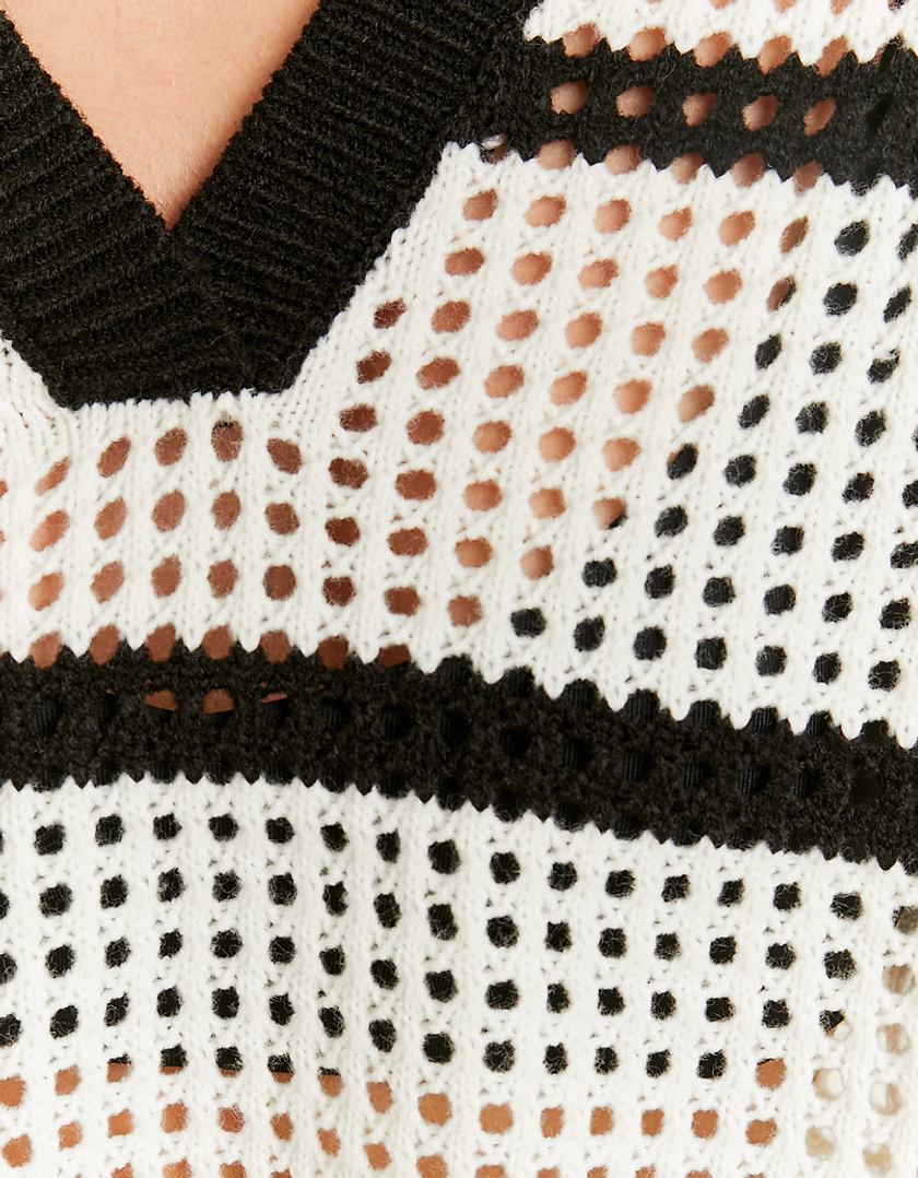 TALLY WEiJL, White with Black Stripes Crochet Pullover for Women