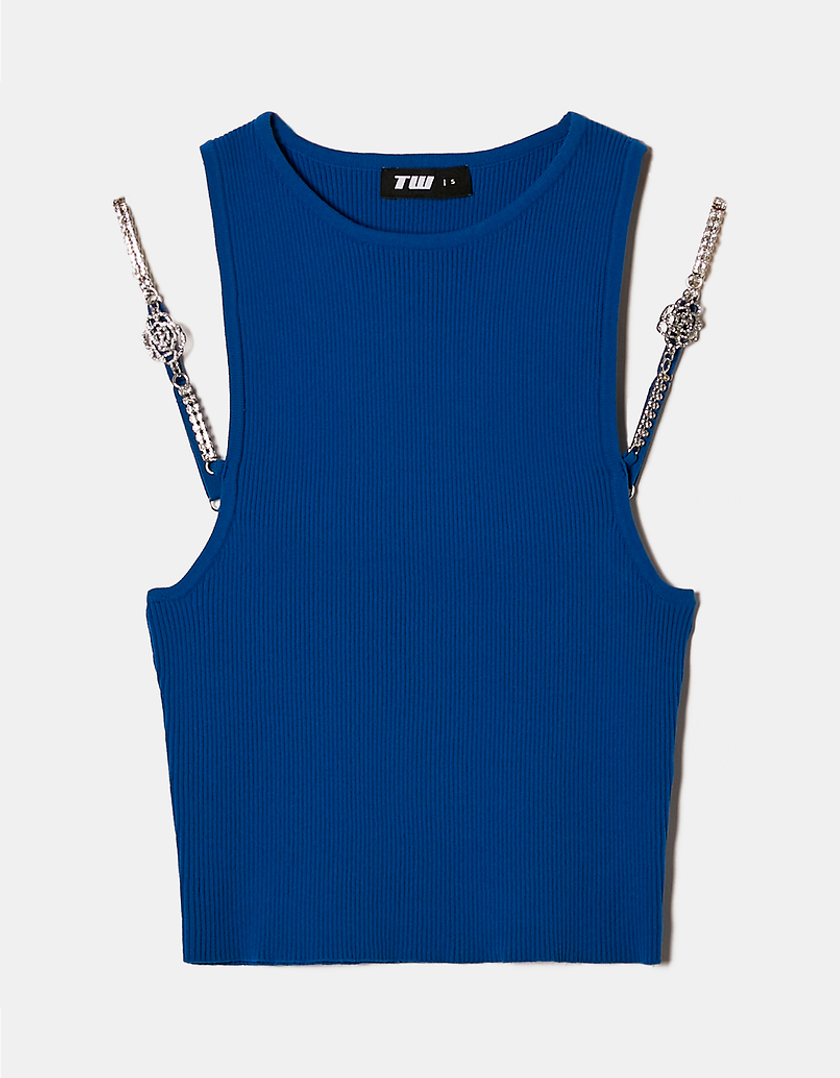 TALLY WEiJL, Top Bleu en Maille avec Strass sur les Bandes for Women