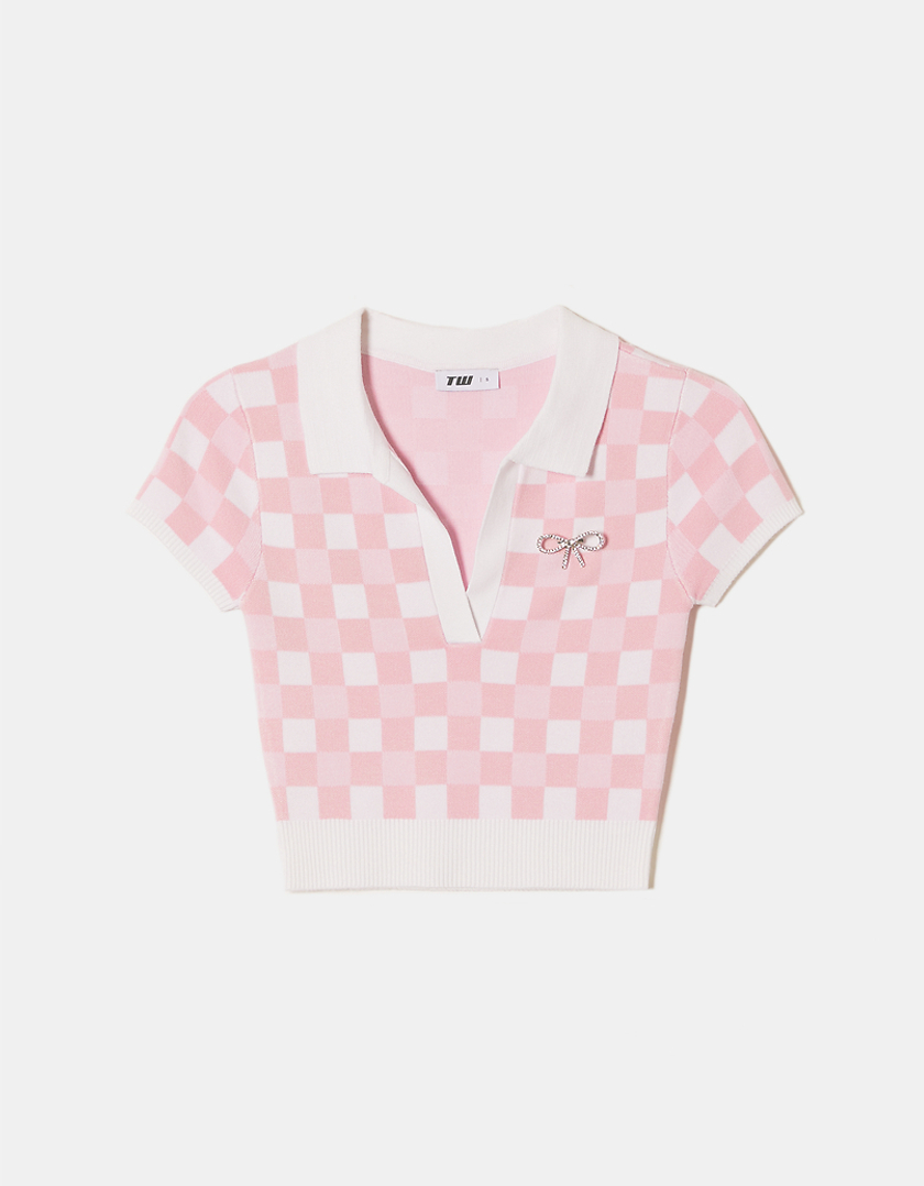 TALLY WEiJL, White and Pink Checkered Top for Women