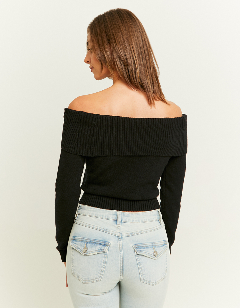 TALLY WEiJL, Black Fitted Knit Jumper with Off-Shoulder Fold for Women