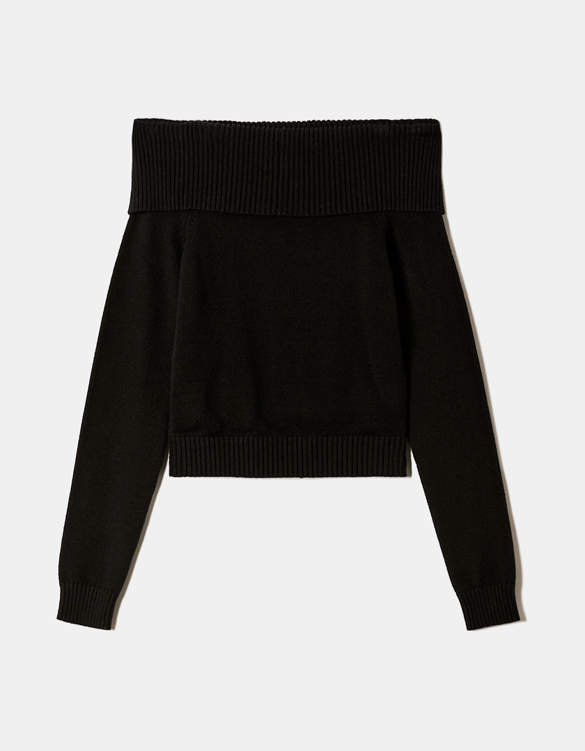 TALLY WEiJL, Black Fitted Knit Jumper with Off-Shoulder Fold for Women