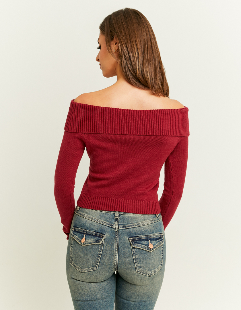 TALLY WEiJL, Red Fitted Knit Jumper with Off-Shoulder Fold for Women