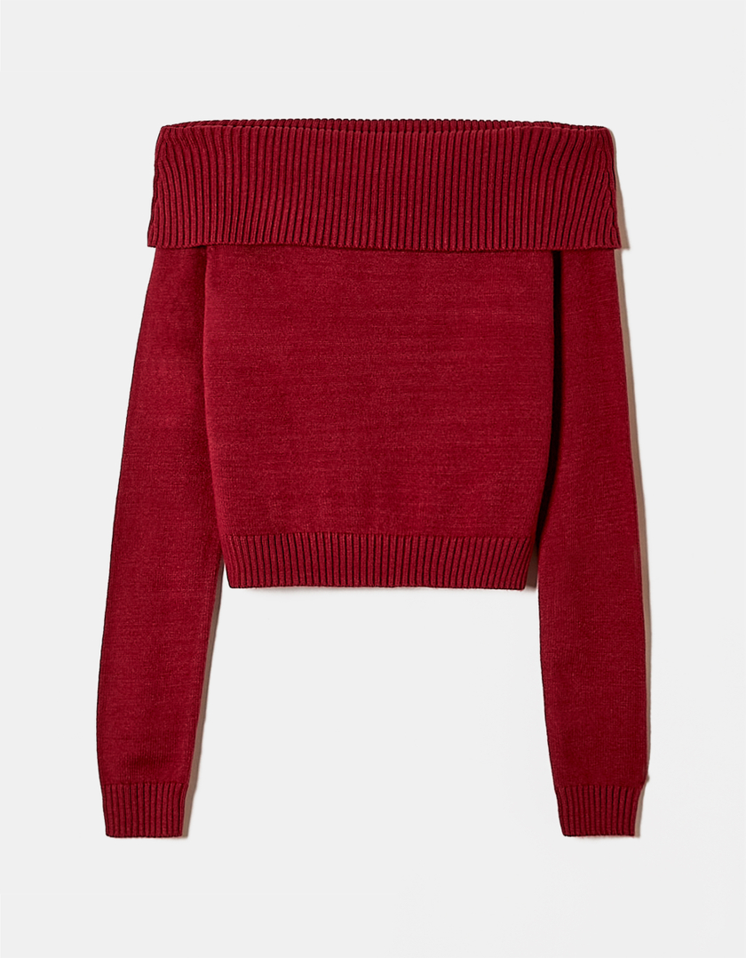 TALLY WEiJL, Red Fitted Knit Jumper with Off-Shoulder Fold for Women