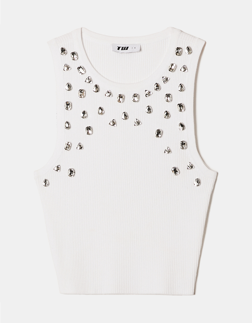 TALLY WEiJL, Crop Top Blanc en Maille avec Strass for Women