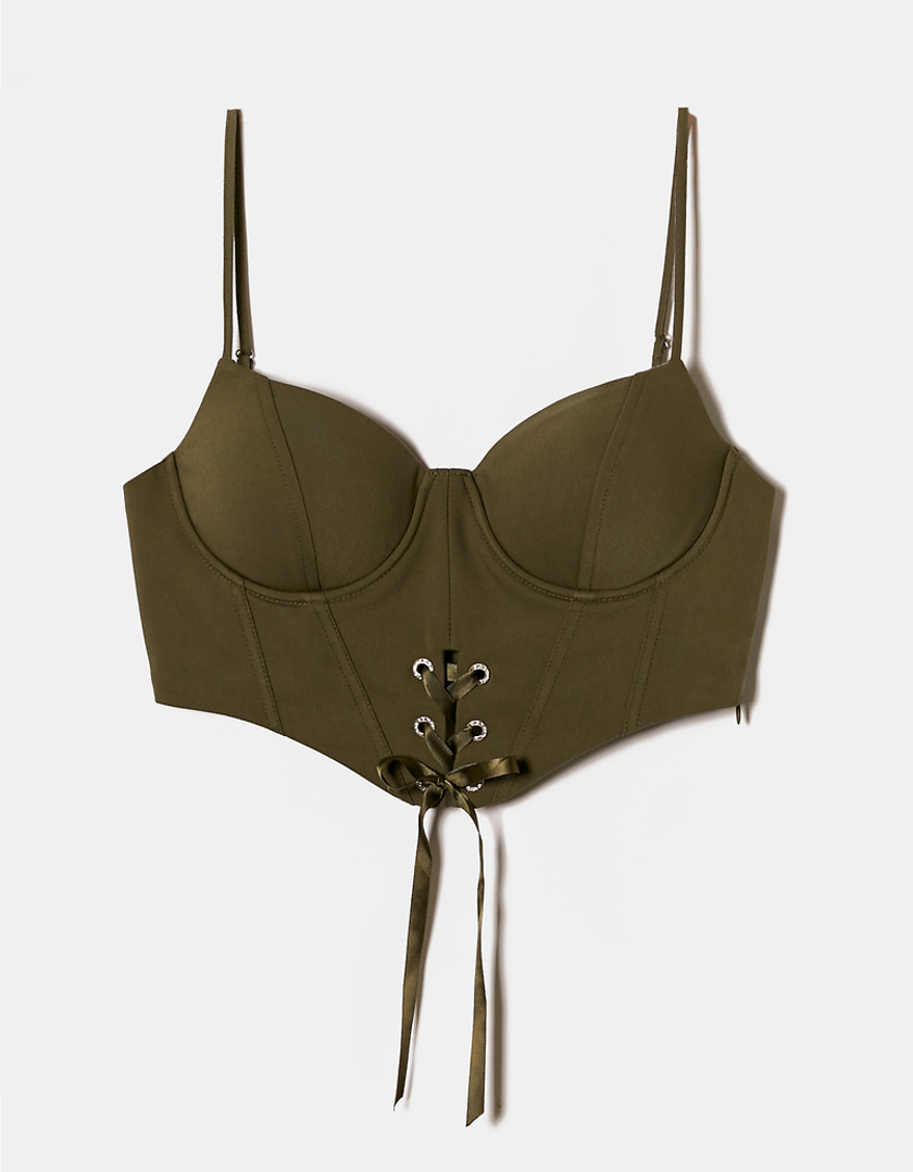 TALLY WEiJL, Green Bustier Top with Lace Up in Satin for Women