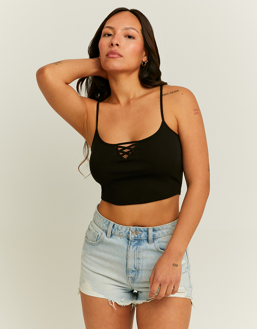 TALLY WEiJL, Front Lace Up Detail Black Tank Top for Women