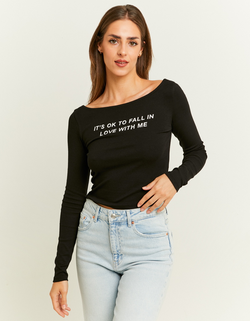 TALLY WEiJL, Black Basic T-Shirt with Front Print for Women