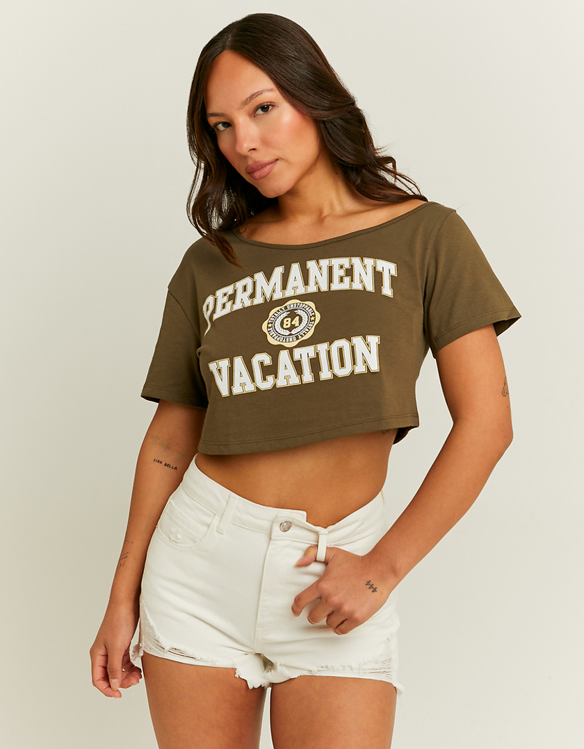 TALLY WEiJL, Off Shoulder Khaki Printed T-Shirt for Women