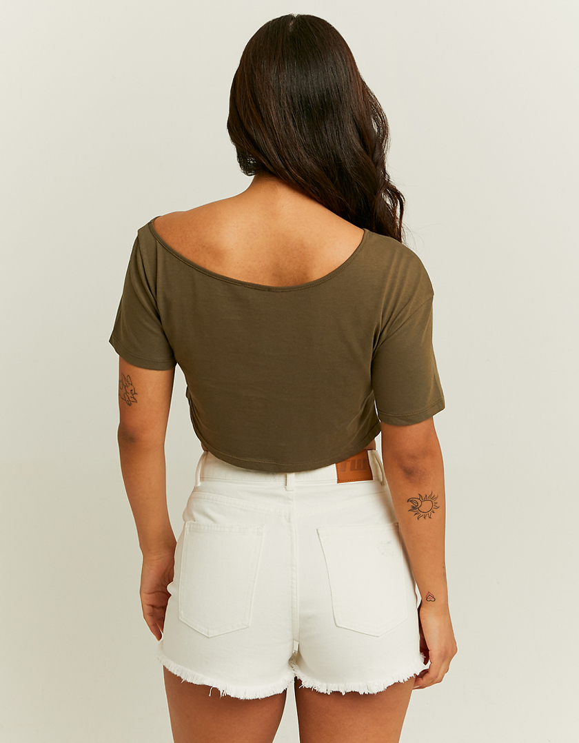 TALLY WEiJL, Off Shoulder Khaki Printed T-Shirt for Women