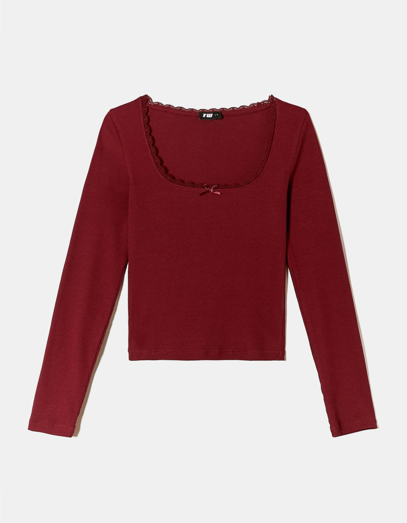 TALLY WEiJL, Burgundy Basic T-Shirt with Lace Detail for Women