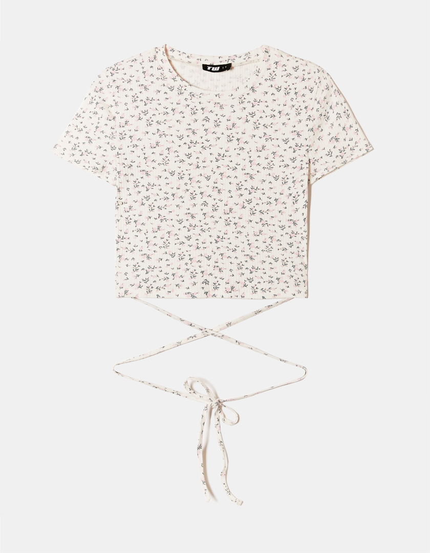 TALLY WEiJL, White with Flowers Lace Up T-Shirt for Women