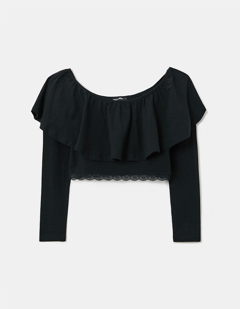 TALLY WEiJL, Black Off Shoulder Ruffle Top for Women