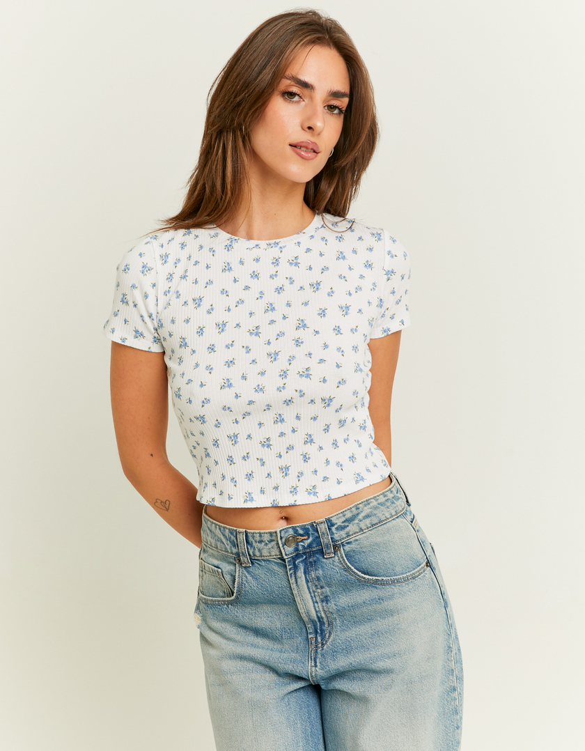 TALLY WEiJL, White Floral Cropped Basic T-Shirt for Women