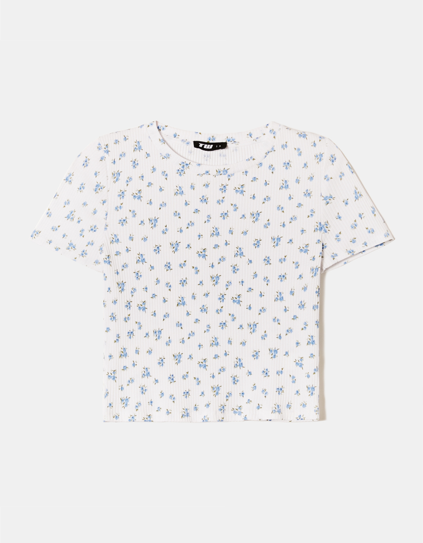 TALLY WEiJL, White Floral Cropped Basic T-Shirt for Women