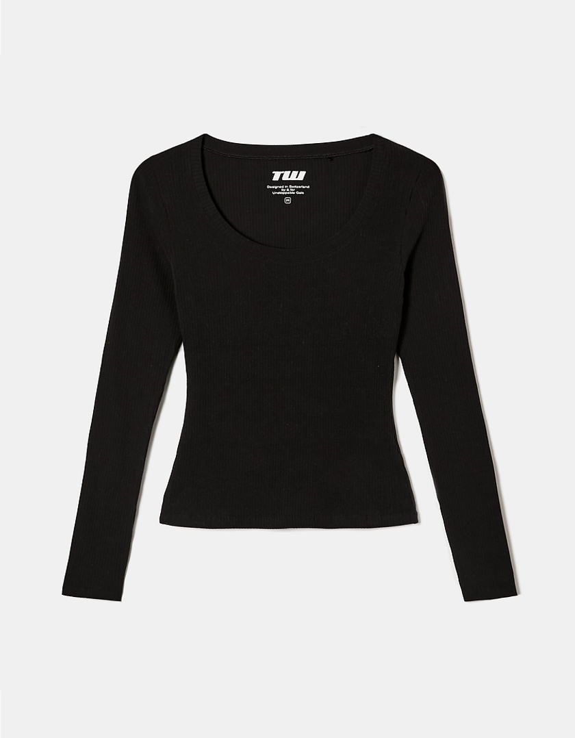 TALLY WEiJL, T-Shirt Noir Basique Côtelé for Women