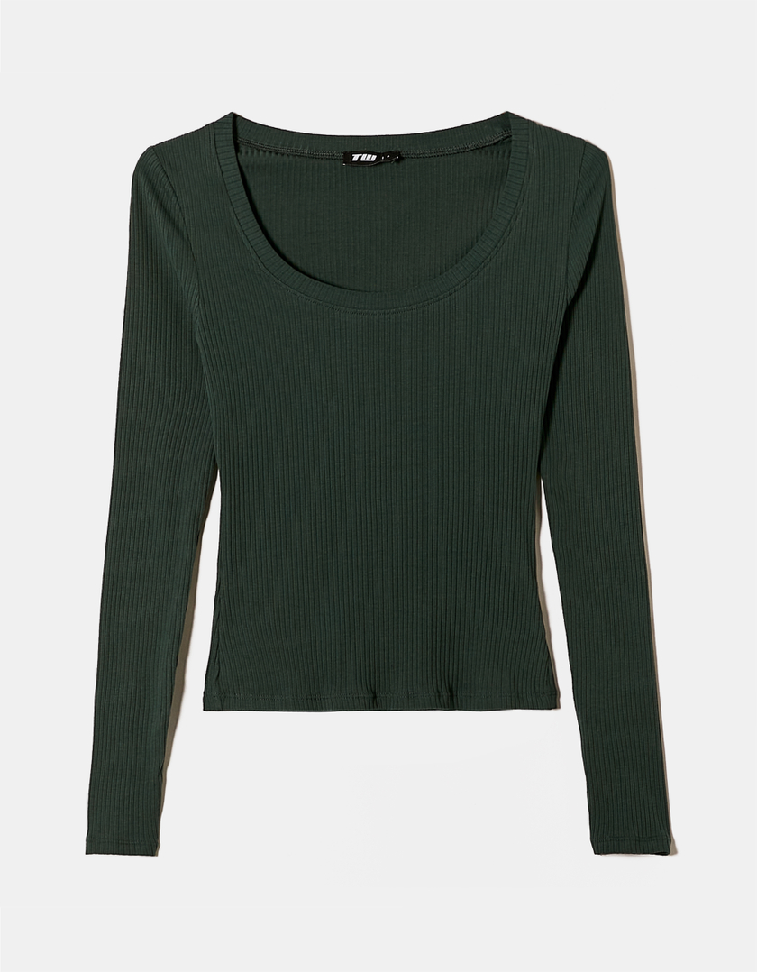 TALLY WEiJL, Green Ribbed Basic T-Shirt for Women