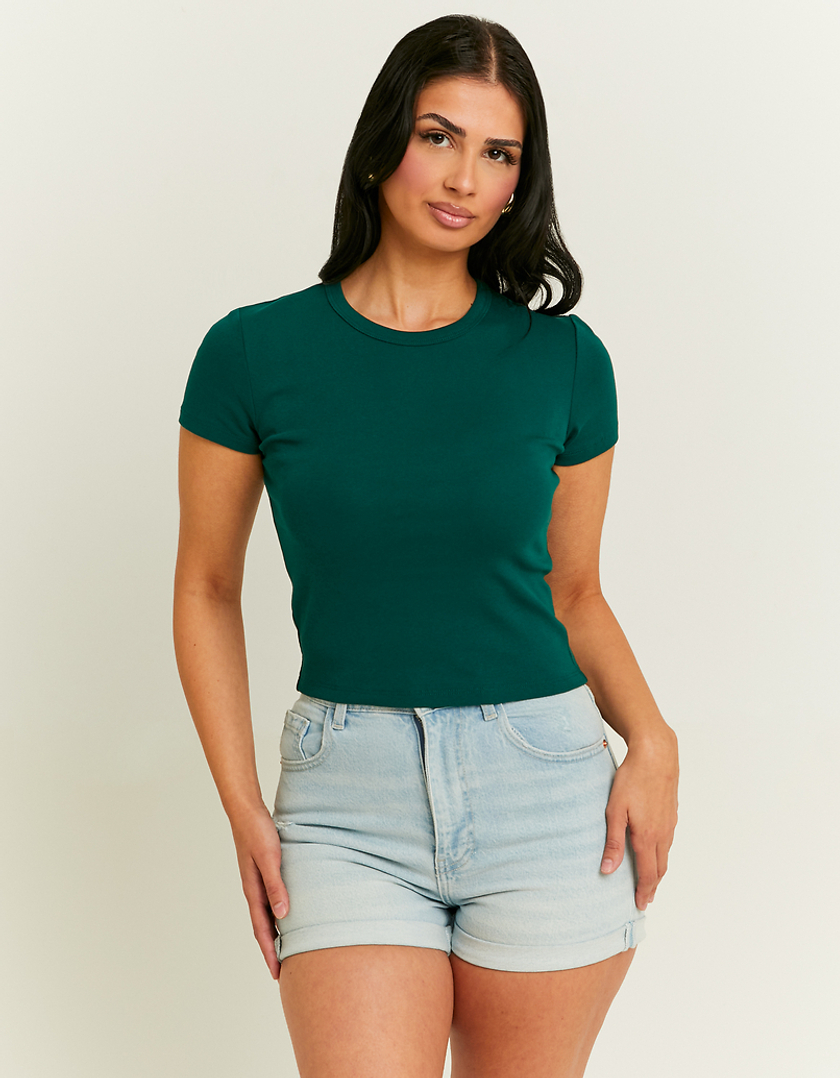 TALLY WEiJL, Green Ribbed Basic T-Shirt for Women