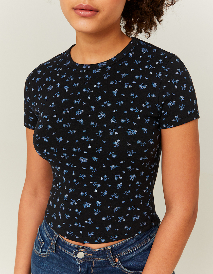 TALLY WEiJL, T-shirt basique côtelé à fleurs noires for Women