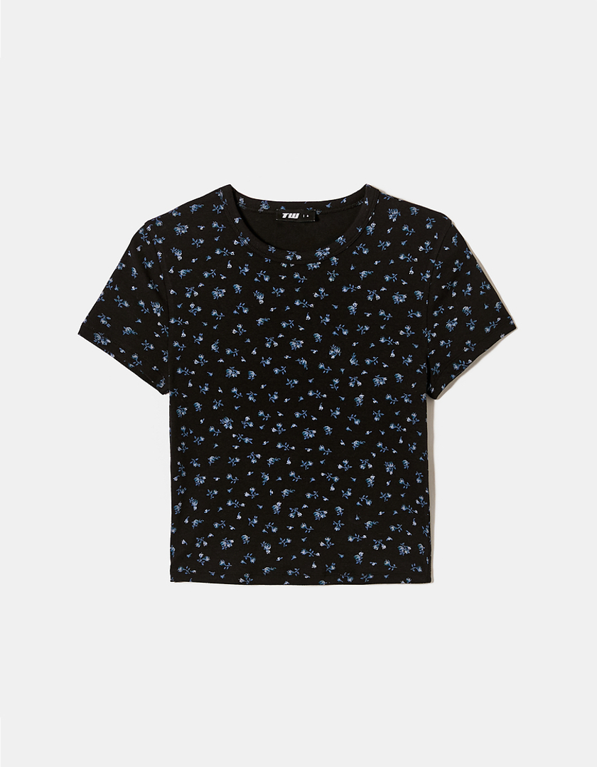 TALLY WEiJL, T-shirt basique côtelé à fleurs noires for Women