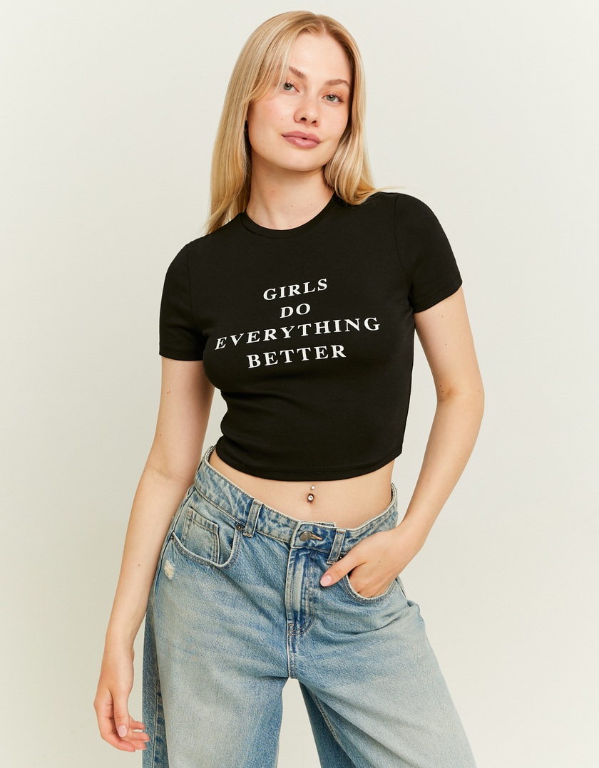 TALLY WEiJL, Black Cropped Printed T-Shirt for Women