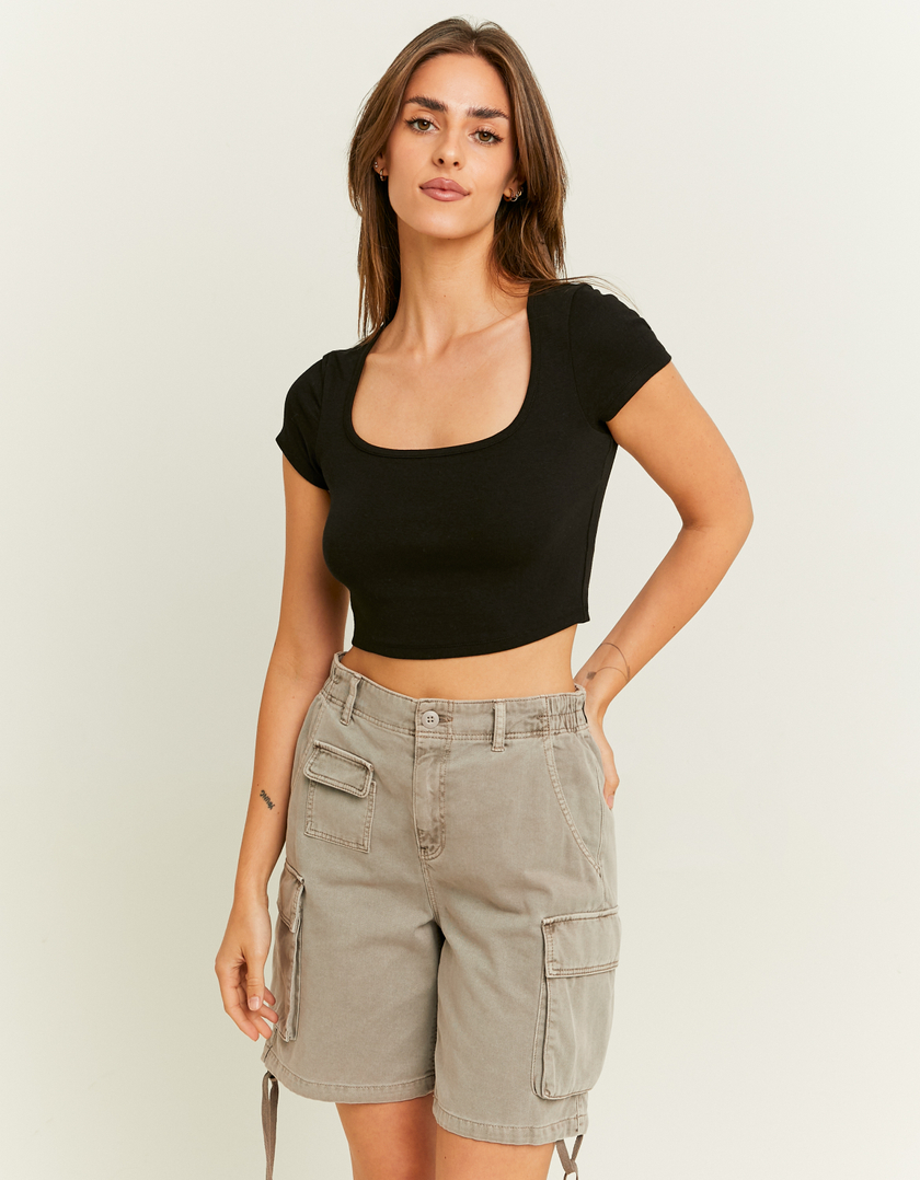 TALLY WEiJL, Black Square Neck Cropped T-Shirt for Women