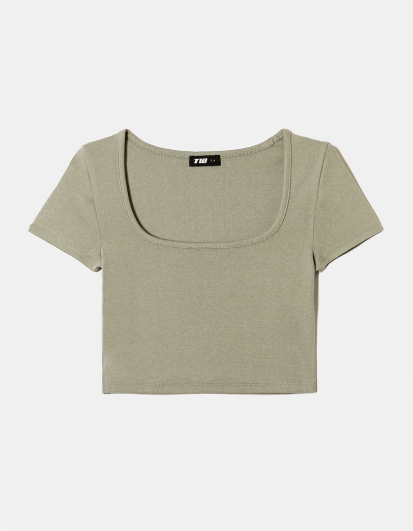 TALLY WEiJL, Green Square Neck Cropped T-Shirt for Women