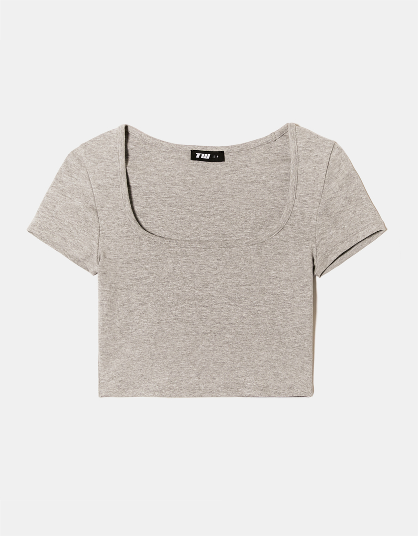 TALLY WEiJL, Grey Square Neck Cropped T-Shirt for Women