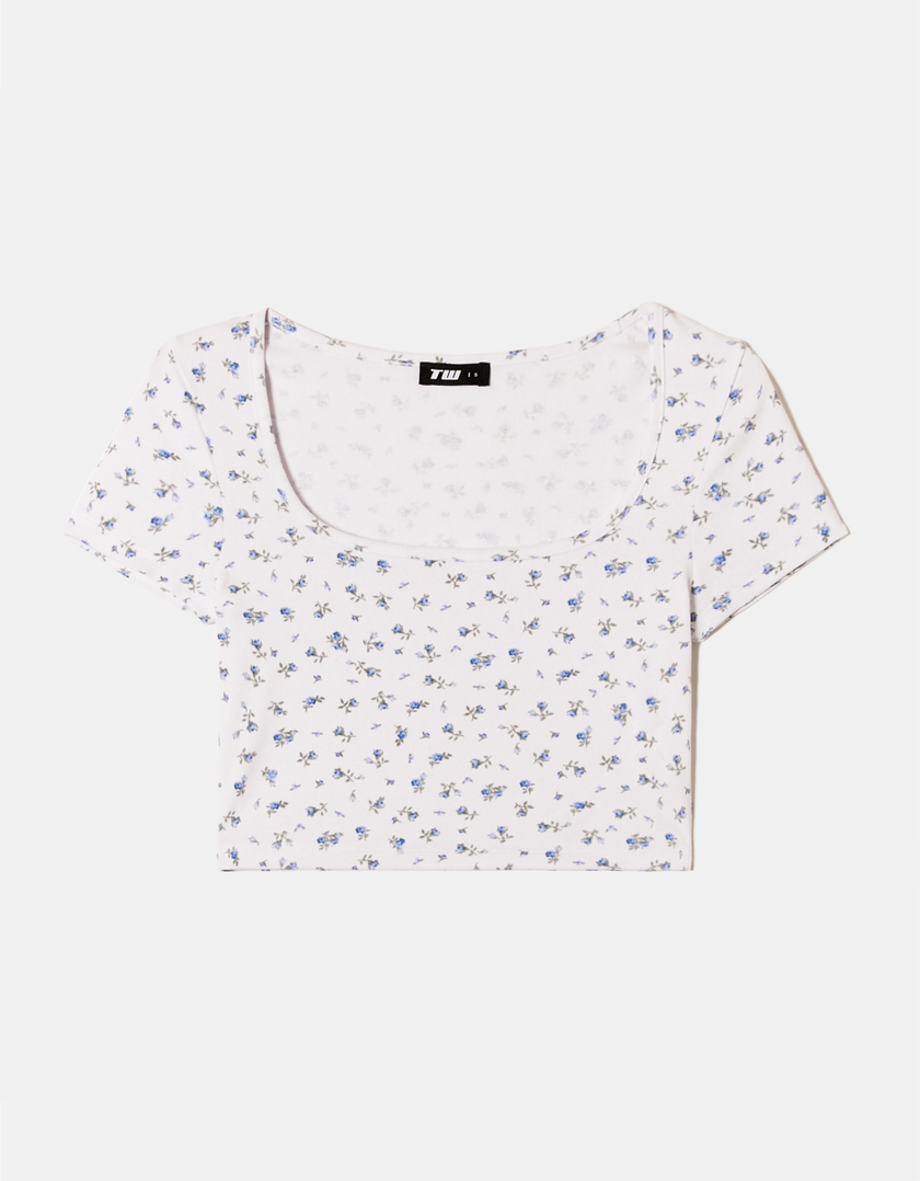 TALLY WEiJL, T-Shirt Court Blanc Encolure Carrée Imprimé Floral for Women