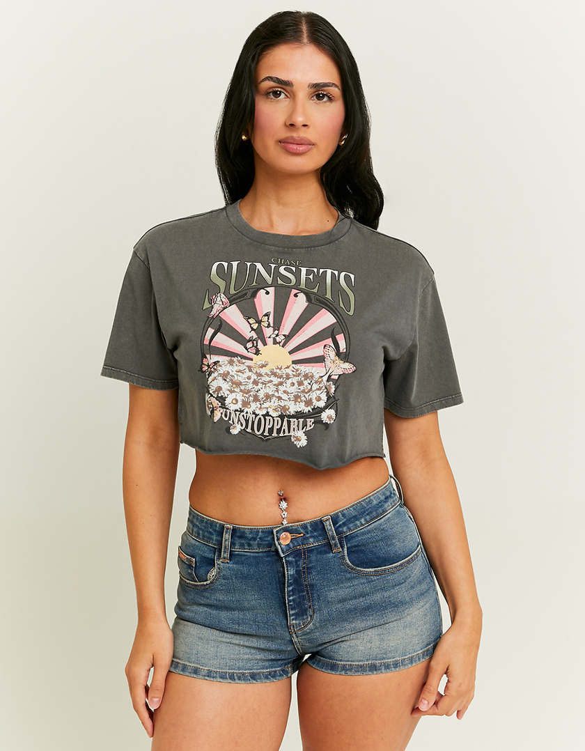 TALLY WEiJL, Acid Wash Cropped Printed T-Shirt for Women