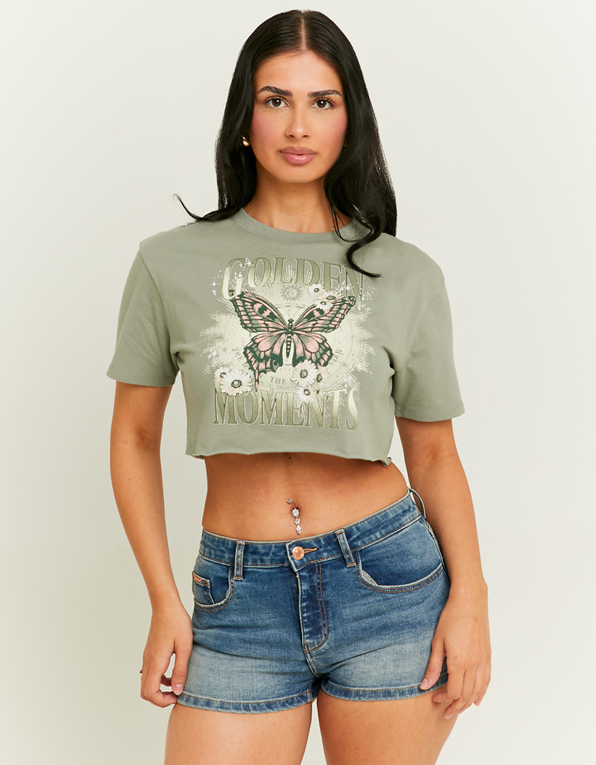 TALLY WEiJL, Acid Wash Cropped Printed T-Shirt for Women