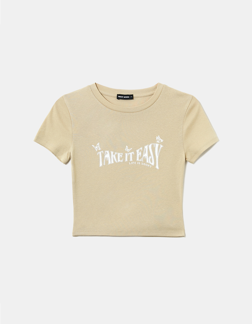 TALLY WEiJL, Beige Ribbed Printed T-shirt for Women