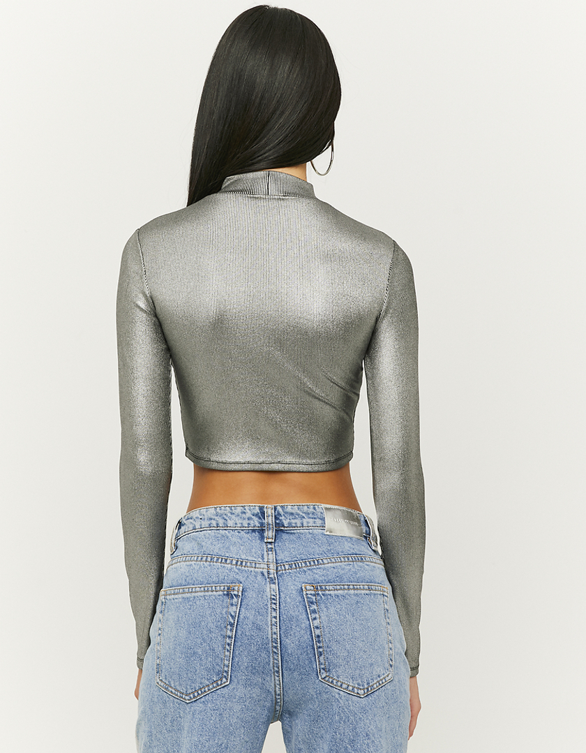 TALLY WEiJL, Silver Reflective Long Sleeves Cropped Top for Women