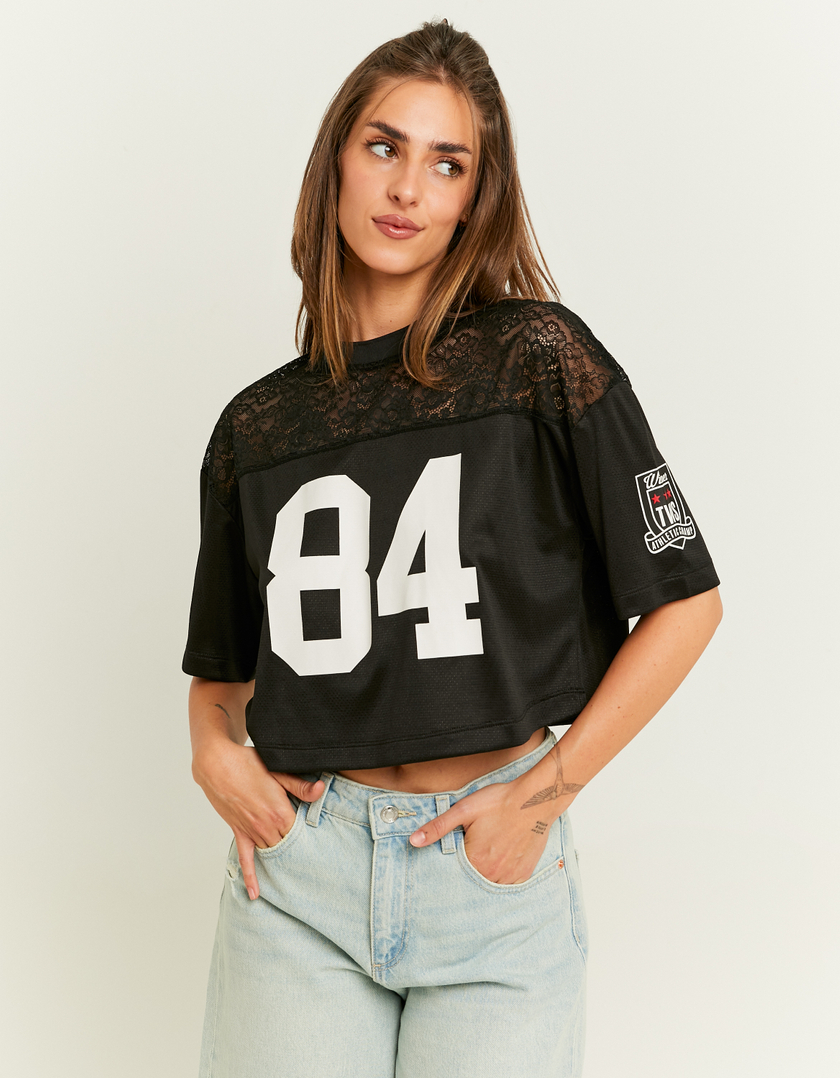 TALLY WEiJL, Cropped Black Lace Football T-Shirt for Women