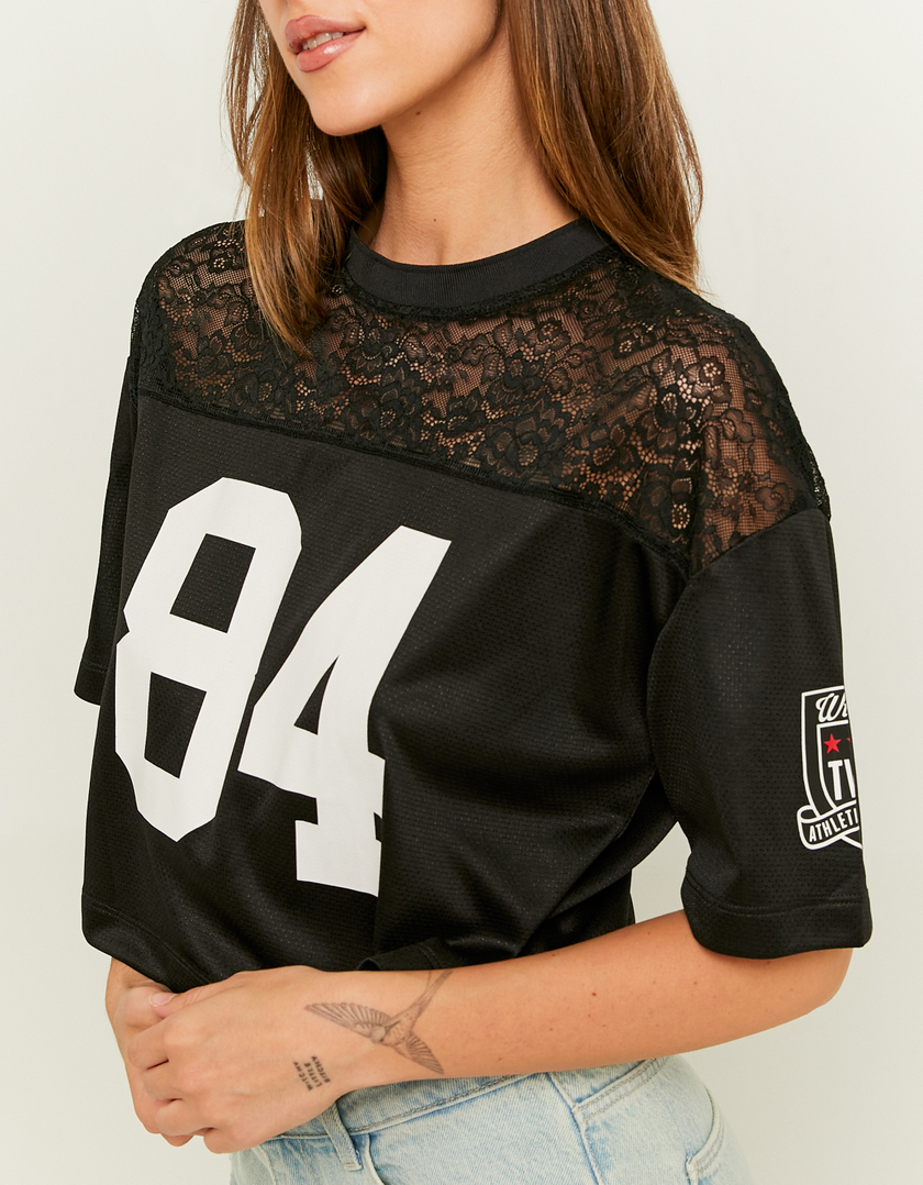 TALLY WEiJL, Cropped Black Lace Football T-Shirt for Women