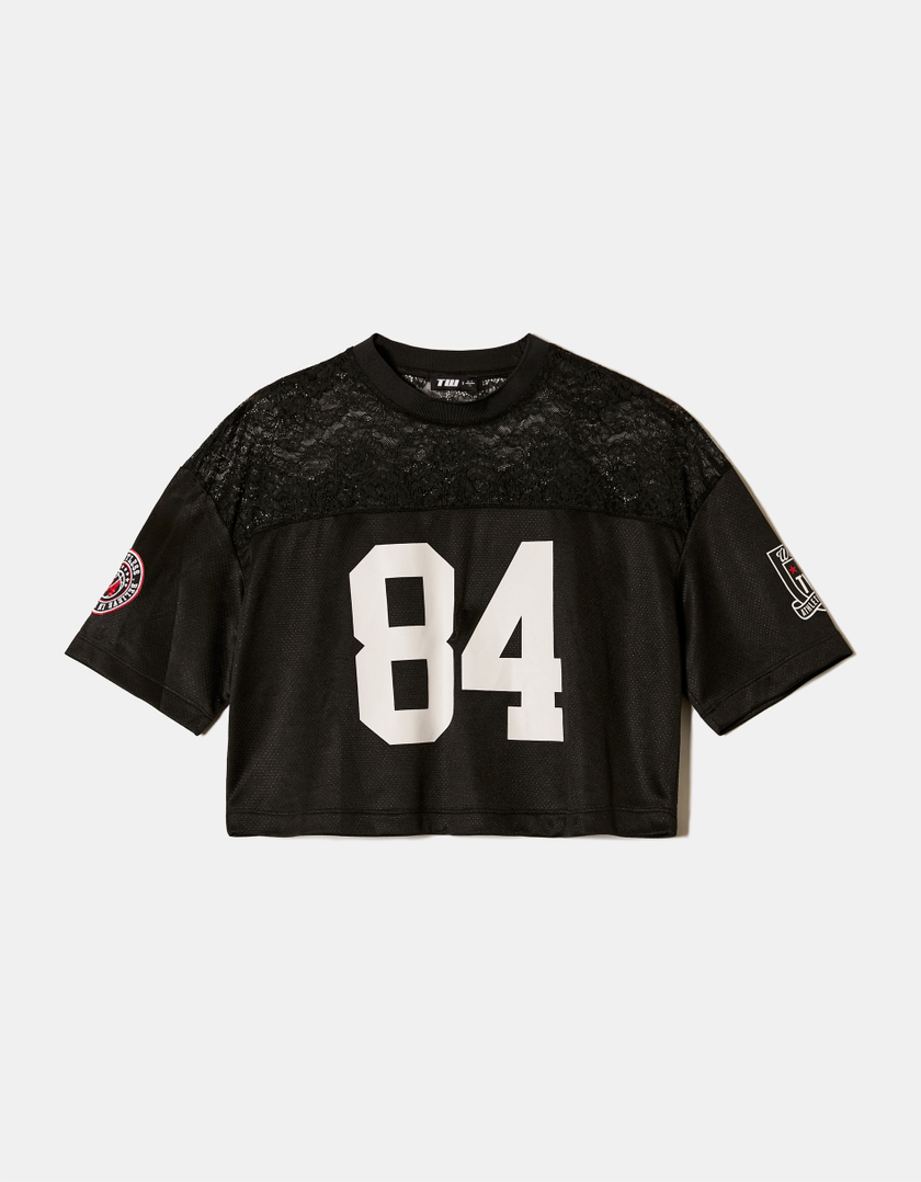 TALLY WEiJL, Cropped Black Lace Football T-Shirt for Women