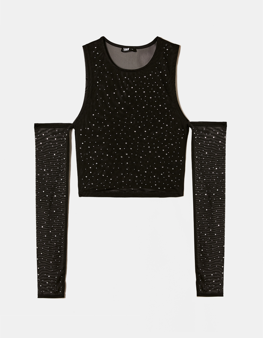 TALLY WEiJL, Black Top with Strass and Cut Outs for Women